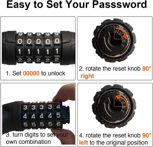 Heavy Duty Bike Lock Chain by [Brand Name] - 5-Digit Combination Anti-Theft Security Lock | 3.2 Feet Long, Black