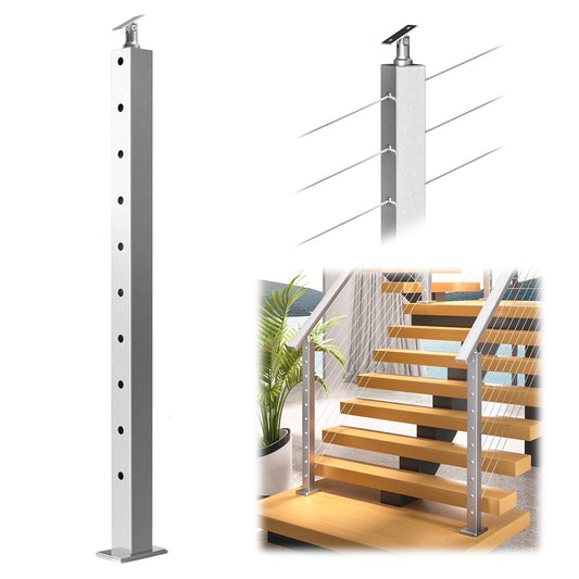 Muzata Stair Cable Railing Post 36 Inch for 25-35 Degrees Stair 36"x2"x2" Surface Mount Brushed T304 Stainless Steel Cable Railing System Kit Indoor Outdoor with Paper User Guide PS01 LA4S