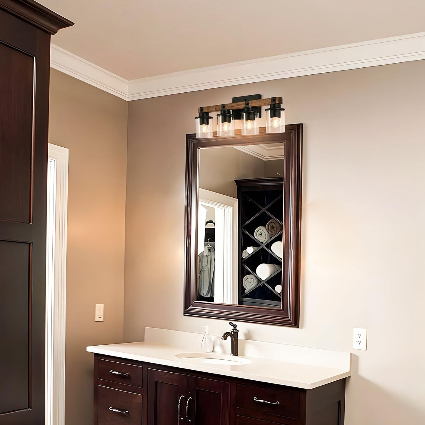 GZBtech 4-Light Wood Vanity Light Fixture Over Mirror, Farmhouse Rustic Wall Light with Clear Glass & Black Matte Metal for Bathroom Living Room, Hallway