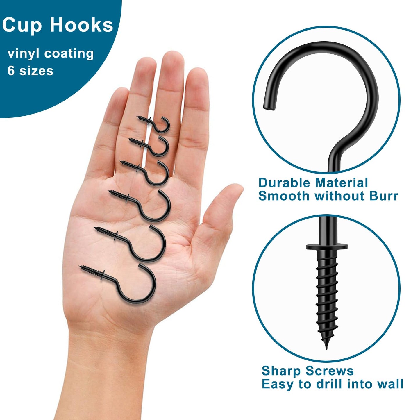 LayHyand 200 Pcs Screw Hooks kit,6 Sizes Vinyl Coated Ceilling Wall Cup Hook for Hanging Plant, Mug, Coffee Cups, String Light Decors, Indoor & Outdoor, Black (1/2in, 5/8in,3/4in,7/8in,1in,1-1/4in)