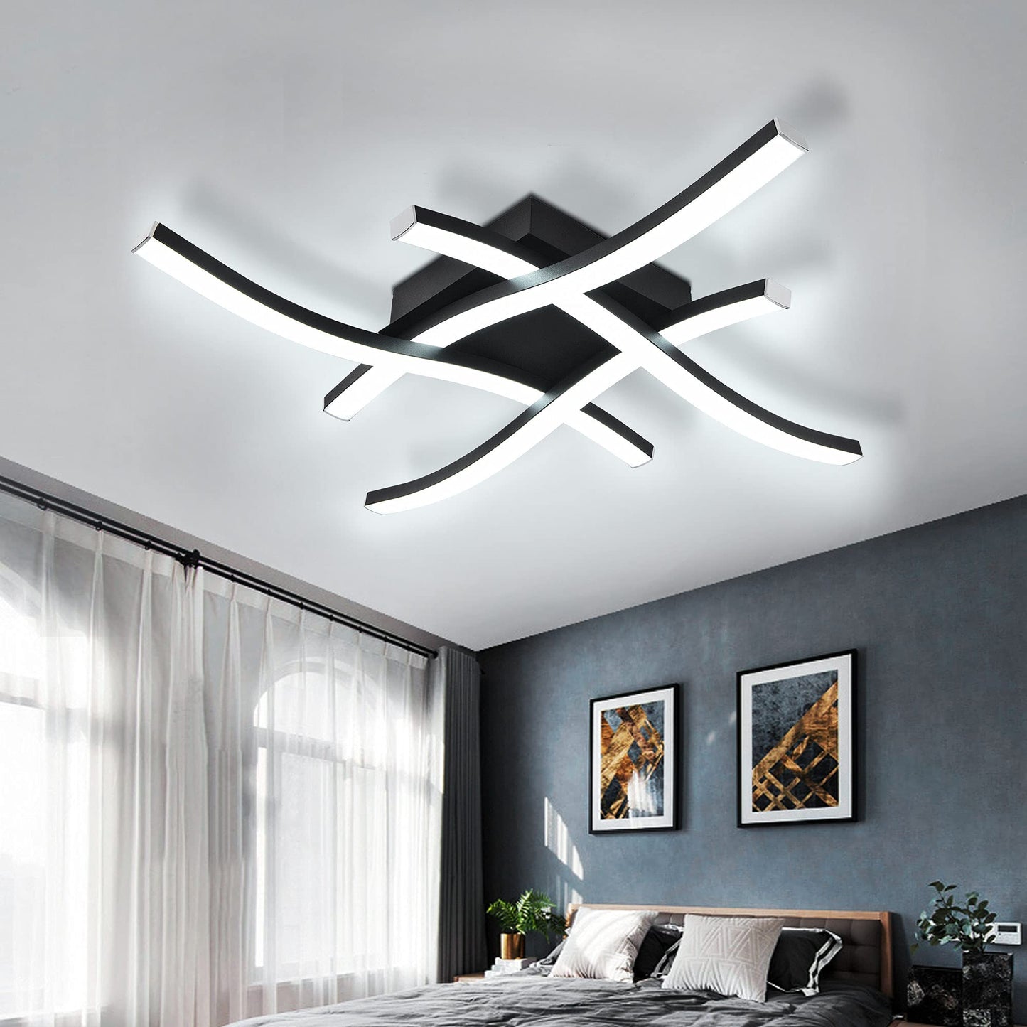 EDISLIVE Modern Dimmable LED Ceiling Light Curved 4-Light 18 in Minimalist Flush Mount Ceiling Light Fixture Lamp for Bedroom Foyer Kitchen 6000K 24W Black