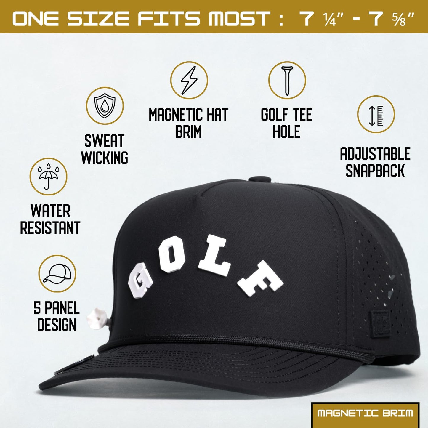 BRIMZ Golf Performance Hat - Tee Holder & Magnetic Brim - Breathable Sweat & Water Resistant Golfing Snapback Cap (Golf - Black)