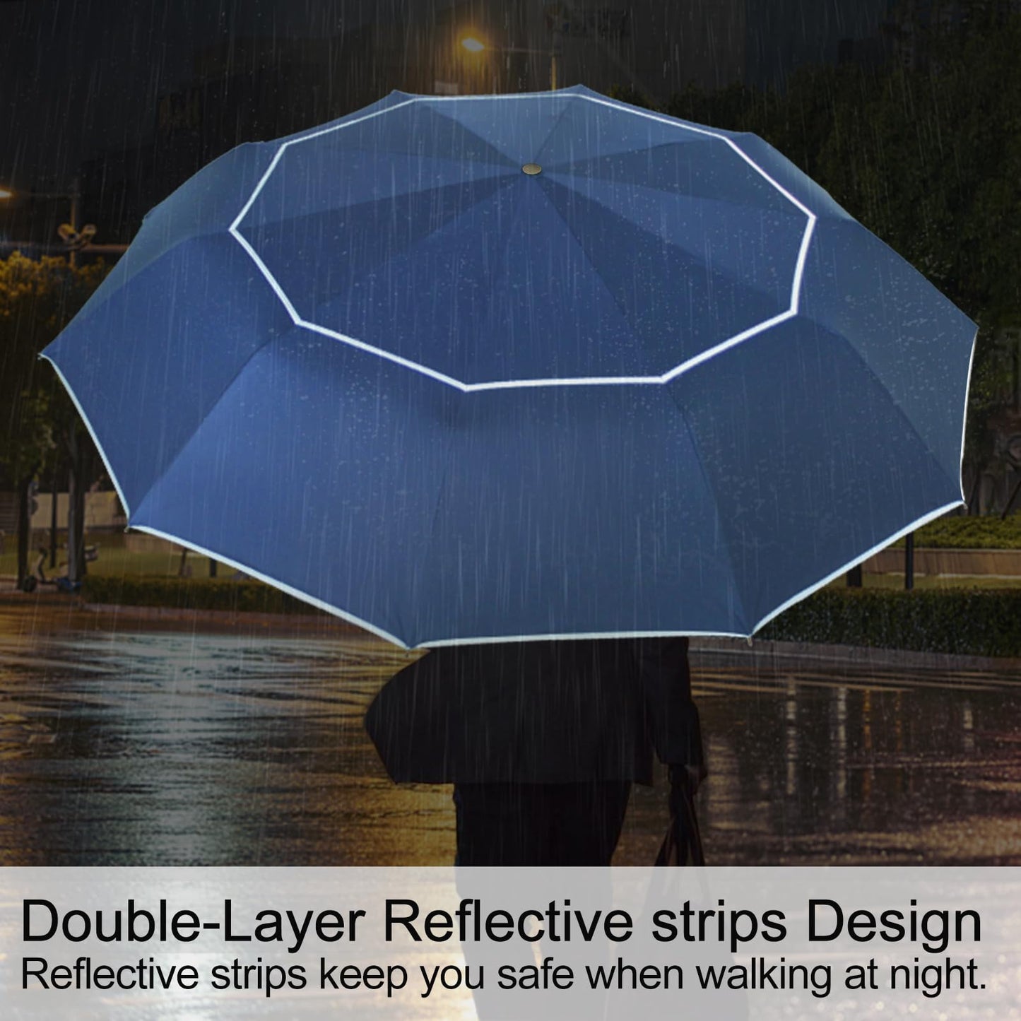 Satol 62 Inch Large Portable Golf Umbrella with Reflective Stripe, Windproof 10 Ribs Vented Double Canopy Oversize Compact Rain Umbrellas for Travel, Waterproof UV Protection Umbrella Auto Open/Close