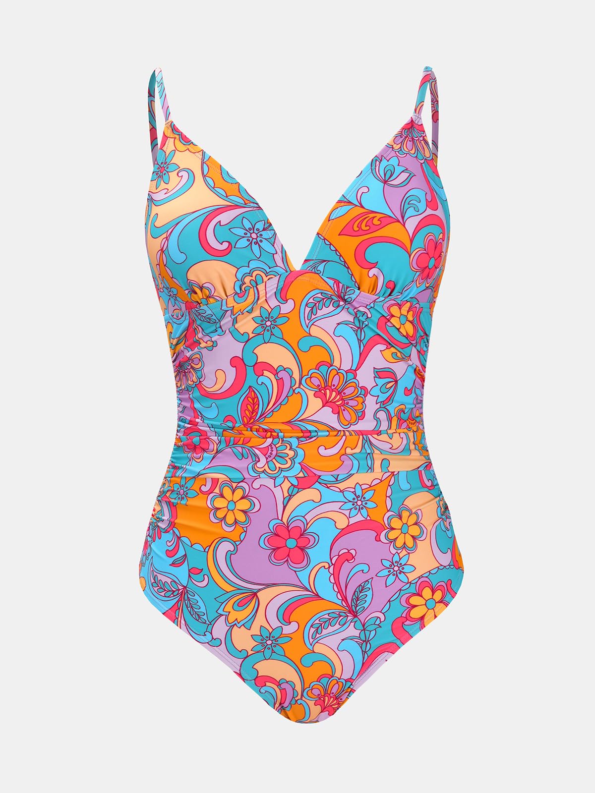 CUPSHE Women's One Piece Swimsuit Bathing Suit V Neck Ruched Boho Paisley Swimwear L