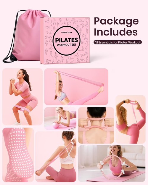 Fuelion Pilates Ring Set for Women, Home Workout Pilates Equipment with Resistance Bands, 14'' Magic Circle, Mini Ball, Pilates Starter Kit for Strength, Toning and Flexibility