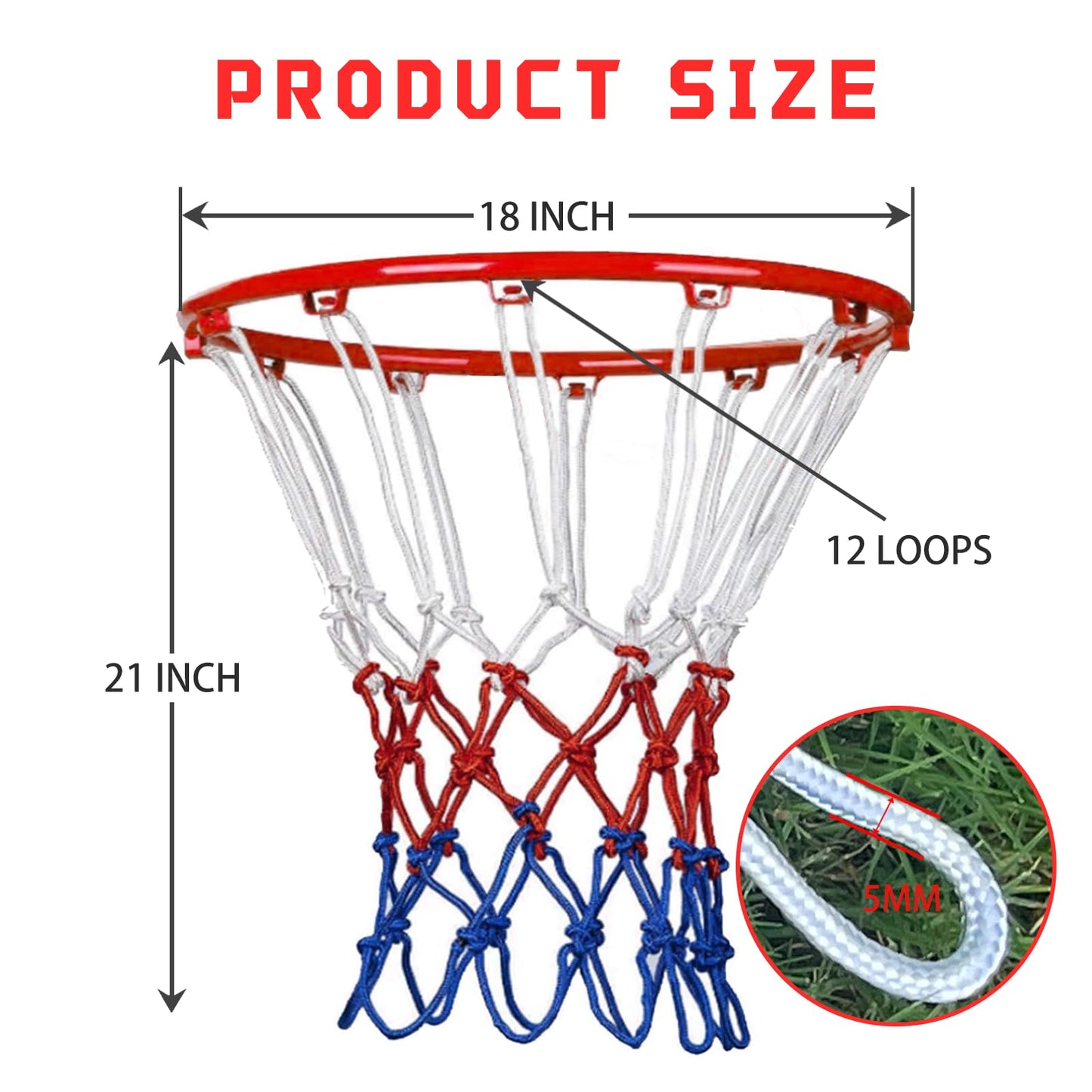 2 Pcs Red White Blue Basketball Nets – Heavy Duty All-Weather Anti-Whip Basketball Hoop Net Replacement, 12 Loops, Fits Indoor/Outdoor Rims, Basketball Accessories, Rim Not Included