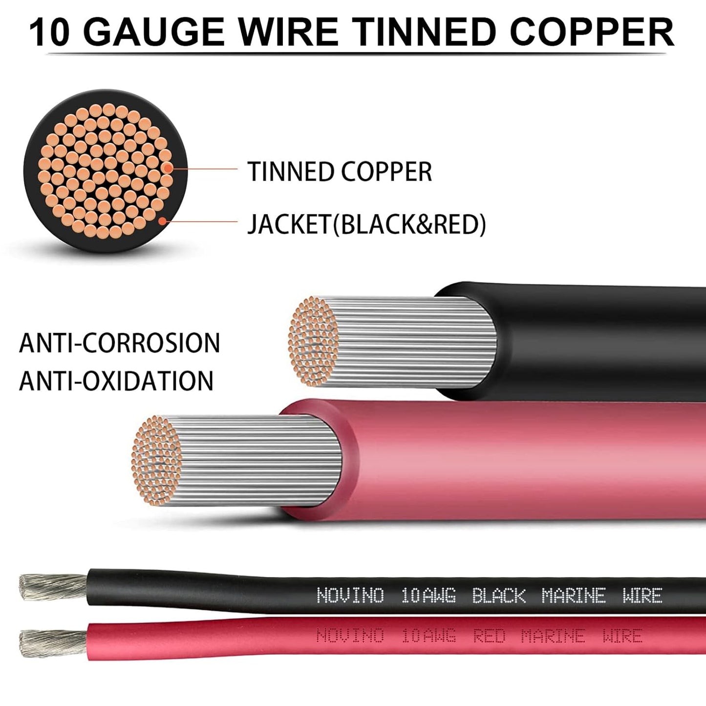 Skiennix 10 AWG Marine Grade Wire - 10FT Red & 10FT Black Tinned Copper Cable for Boats, Trailers & More