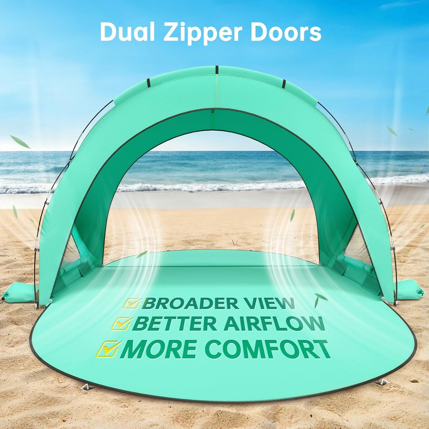 Raynesys Beach Tent - Portable Sun Shelter for 1-4 People | Green Shade with 2 Zippered Doors