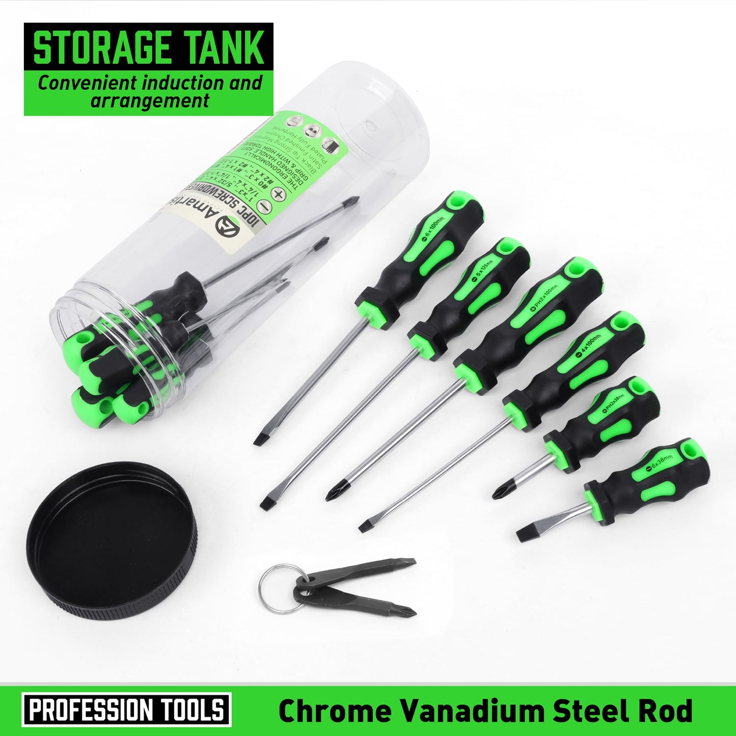 Amartisan 10-Piece Magnetic Screwdrivers Set, 5 Phillips and 5 Slotted Tips Professional Cushion Grip Screwdriver Set 2pcs Portable Multifunction Key Mini Screwdriver (Green)