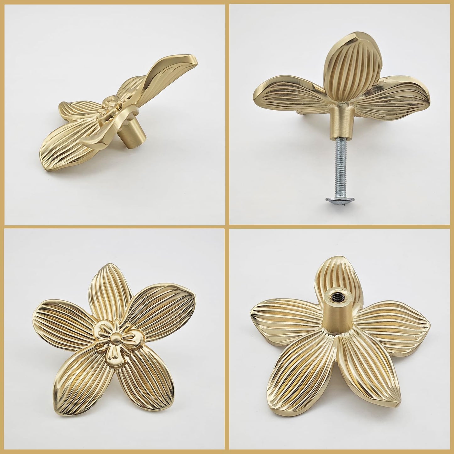 YEMCHI 2 Pack Gold Flower Knobs for Dresser Drawers, 2.36 inch Brushed Gold Cabinet Door Handles, Kitchen Cabinet Pulls for Drawer, Vanity Knobs of Bathroom Decoration Furniture Hardware (2 Flower)