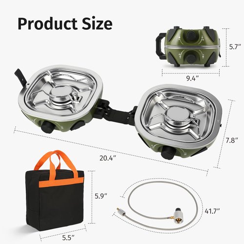 INFOOD Propane Camping Stove 20,000 BTU - Portable 2 Burner Gas Stove with Adjustable Flame Control, Piezo Ignition, Carry Bag & Propane Adapter Hose, Folding Design for Camp, BBQ, Tailgating, Green