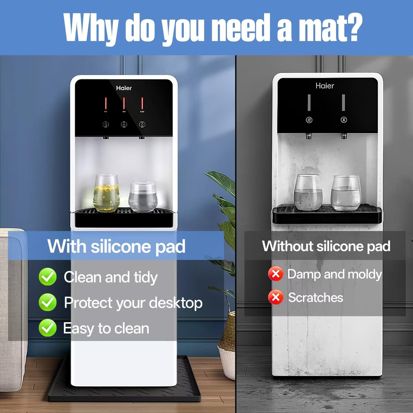 Water Cooler Mat – 19.7" x 19.7" Silicone Water Dispenser Mat for Floor & Countertop, Spill-Proof & Waterproof Tray for Coffee Maker, Kitchen, Pets, Office Use (Black, 19.7' * 19.7')