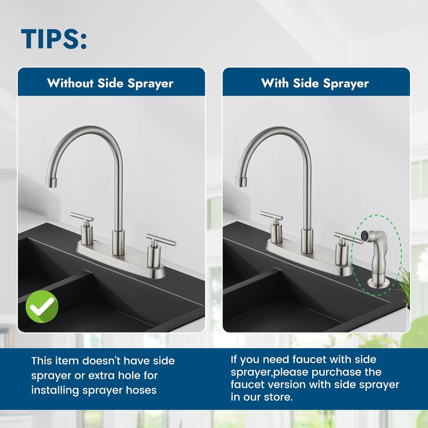 Brushed Nickel Kitchen Faucet with 360° Rotating Spout & Side Sprayer - 2 Handle, 8 Inch Centerset