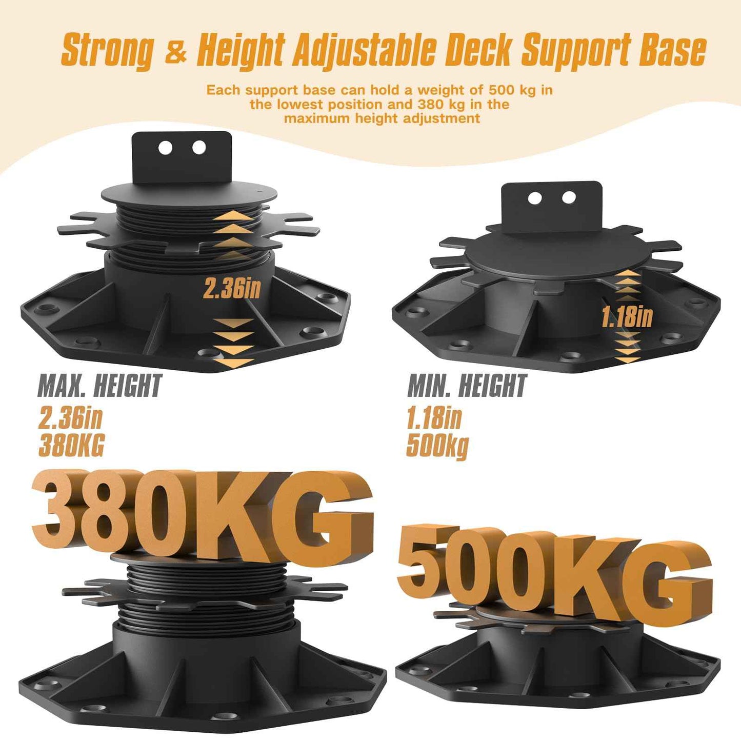 DECKIT 6 Pack Adjustable Deck Support Pedestal, High Load Deck Supports/Deck Blocks/Deck Support Blocks/Deck Footing for Floating Deck Platform & Floor Height Adjustment (1-3/16" to 2-3/8")