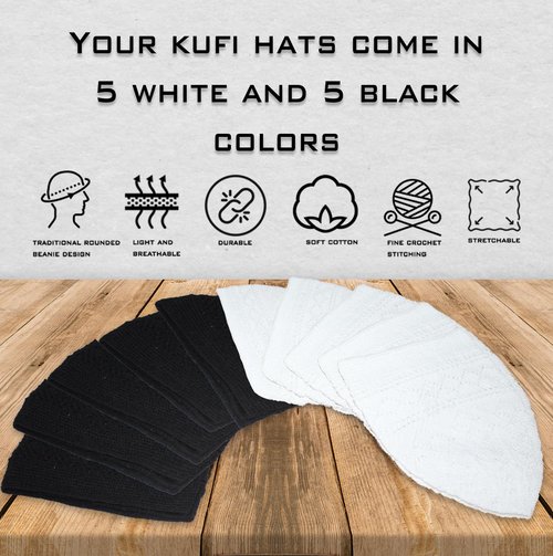 Kapobia Kufi Hats for Men, Muslim Clothes for Men,%100 Breathable Skull Beanie, Crochet Cap, Handicraft Taqiyah, Cufi, Kufe (10 Pieces, White-Black)