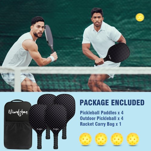 Eliwdshen Pickleball Paddles-Set of 4 Rackets with 4 pickleballs and Bag |Racket Meets USAPA Standards| Durable Design | Pickleball Racket Set for Men, Women and Children (Black)