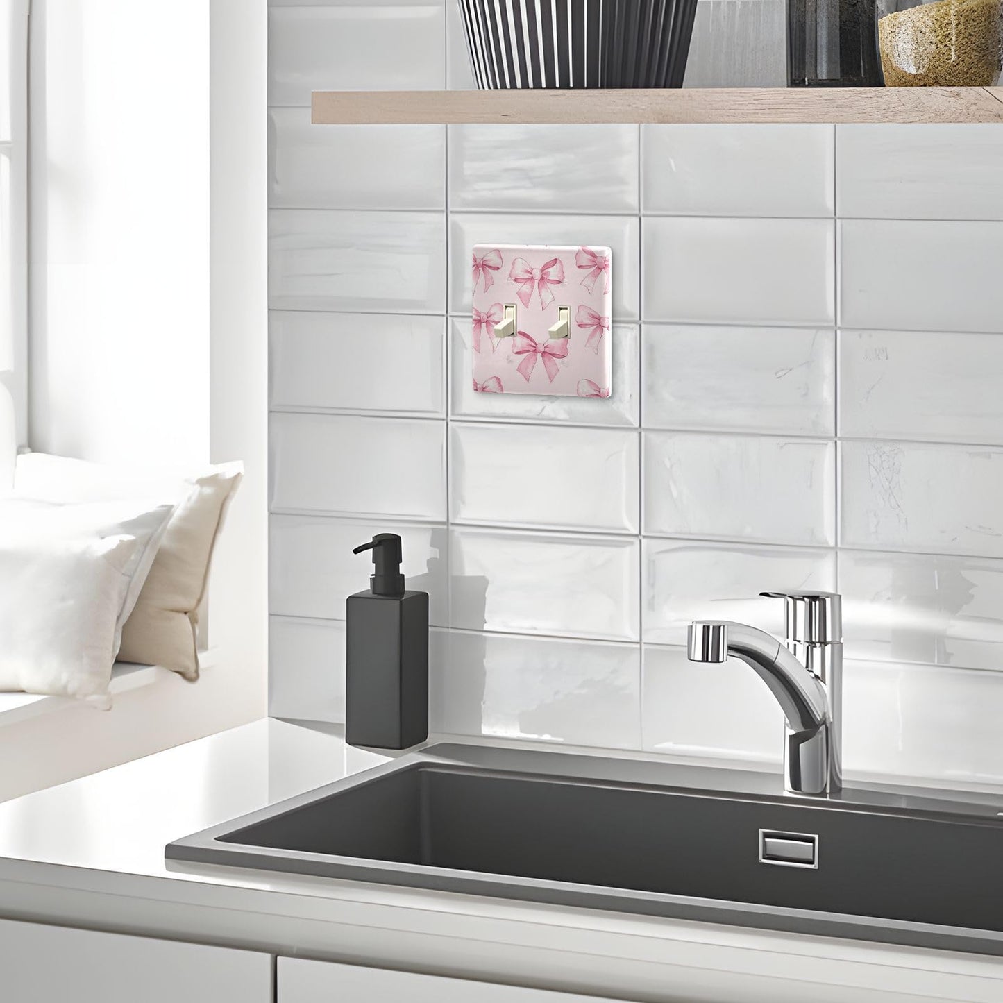 FLildon Pink Bows Wall Plates, Double Toggle Light Switch Cover Wall Plate 2 Gang, Decorator Light Switch Cover, Standard Size Wall Plates for Bedroom Home Decor