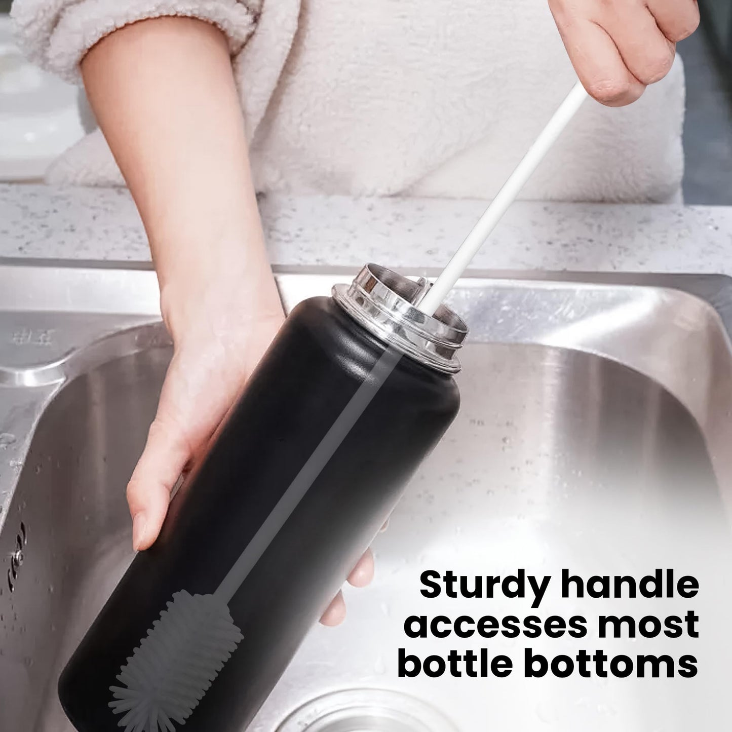 purifyou 16in & 12in Platinum Silicone Water Bottle Cleaner Brush Set with Cap Brushes, for Bottles, Tumblers, Drinking Glasses, Narrow Neck Containers, Dishwasher Safe, Durable (Set of 2, White)