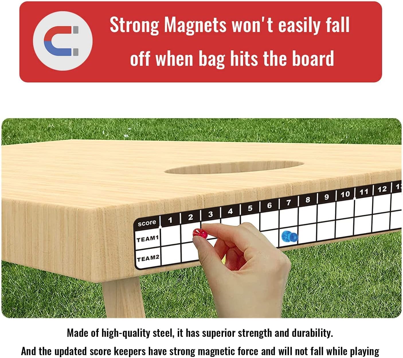 Skiennix Cornhole Scoreboard - 4 Pack Metal Decals with Magnetic Score Keepers & Rules Sign