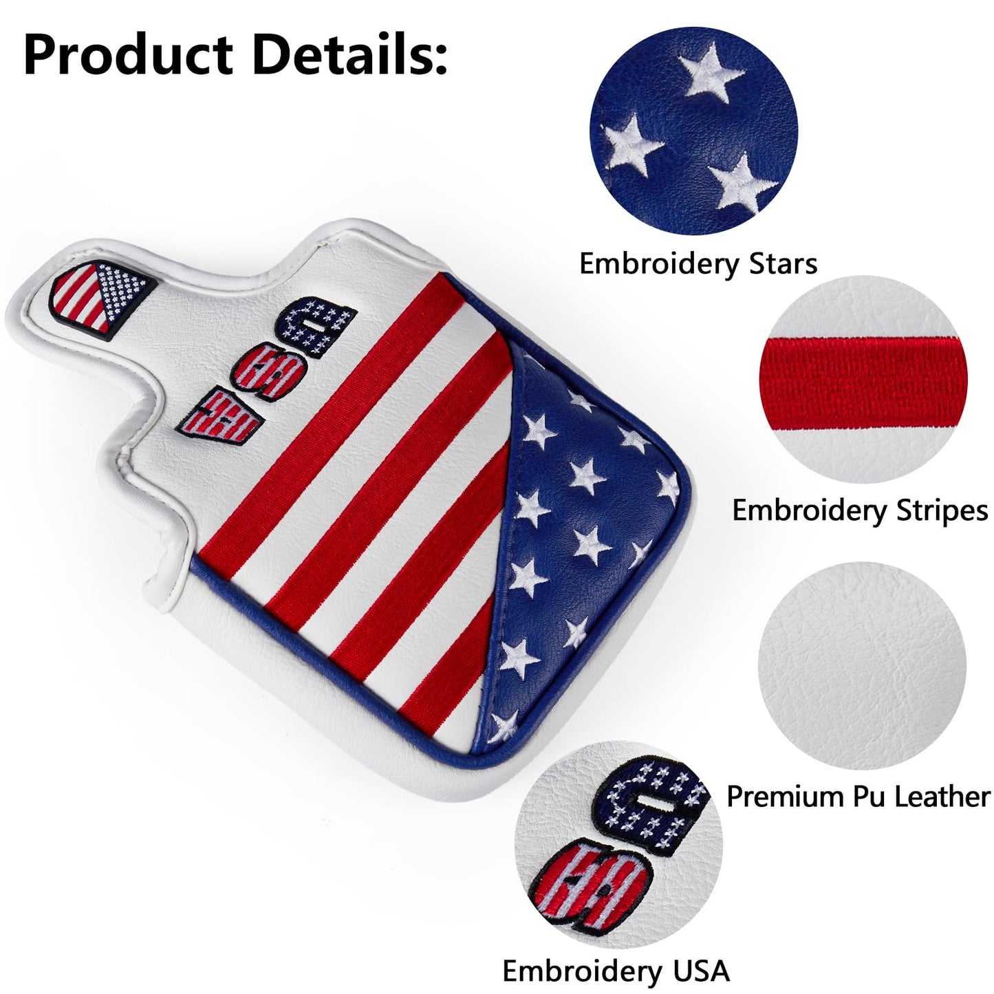 Gbourly Golf Club Square USA Mallet Putter Cover Magnetic Closure Heel Shafted PU Leather Stars and Stripes Flag Putters Headcover