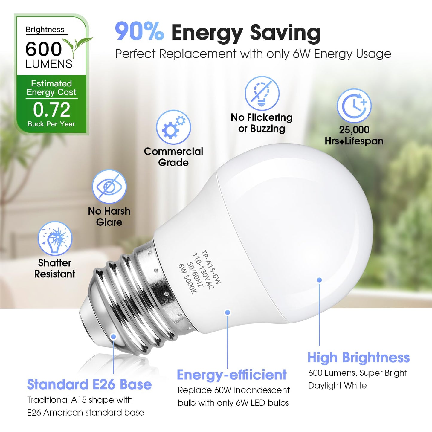 Maylaywood A15 LED Light Bulb, 60 Watt Equivalent LED Bulbs, Daylight White 5000K, 600LM, E26 Base, Non-Dimmable, 6W Bright White, 6-Pack