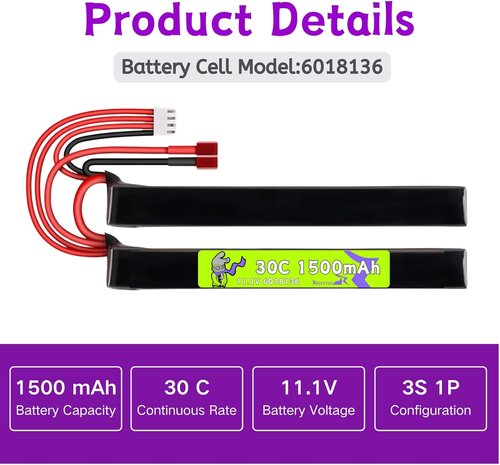 6018136 11.1V 1500mAh 30C T Plug Nunchuck Split Battery - Airsoft Toy Gun Charger & Mini Tamiya Cable
