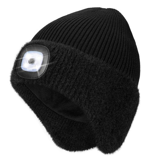 MELASA Winter Fleece Line LED Beanie with Earflap, USB Rechargeable Outdoor Warm Hats with The Light Gifts for Men Black
