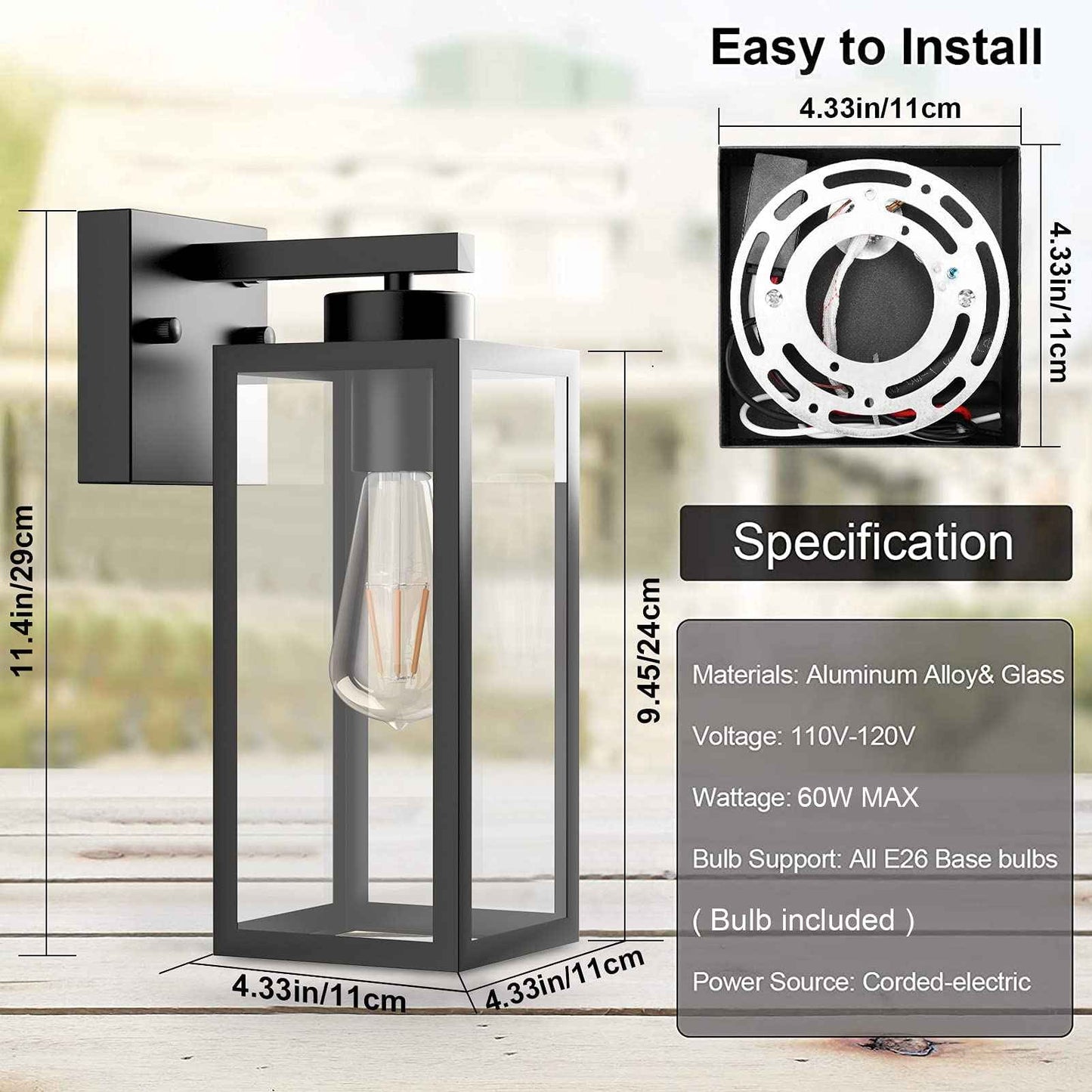 Tipace 2 Pack Outdoor Wall Lantern with Dusk to Dawn Sensor, Matte Black Sensor Exterior Light Fixtures,Exterior Wall Sconce with Clear Glass Shade(2700K E26 Bulbs Include)