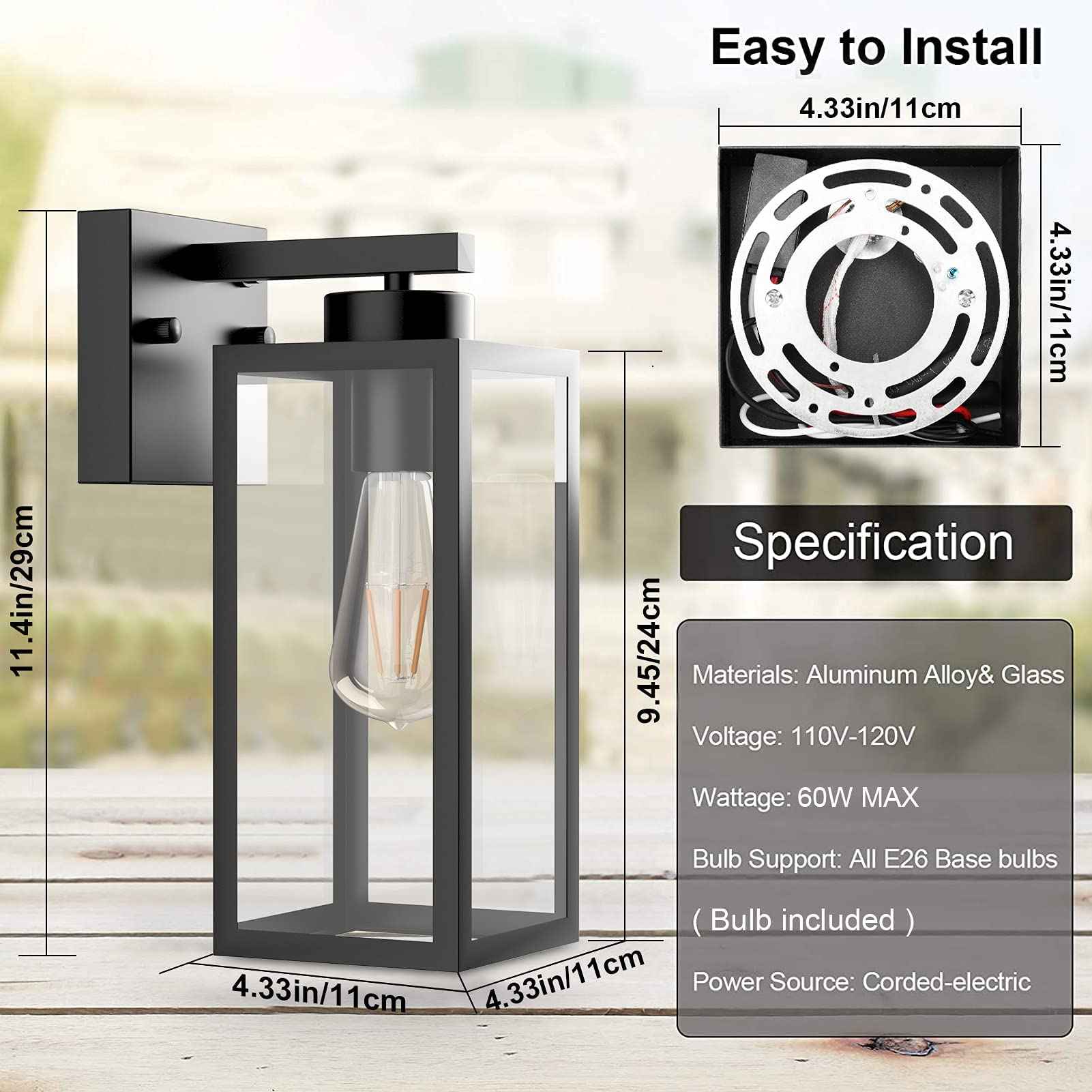 Tipace 2 Pack Outdoor Wall Lantern with Dusk to Dawn Sensor, Matte Black Sensor Exterior Light Fixtures,Exterior Wall Sconce with Clear Glass Shade(2700K E26 Bulbs Include)