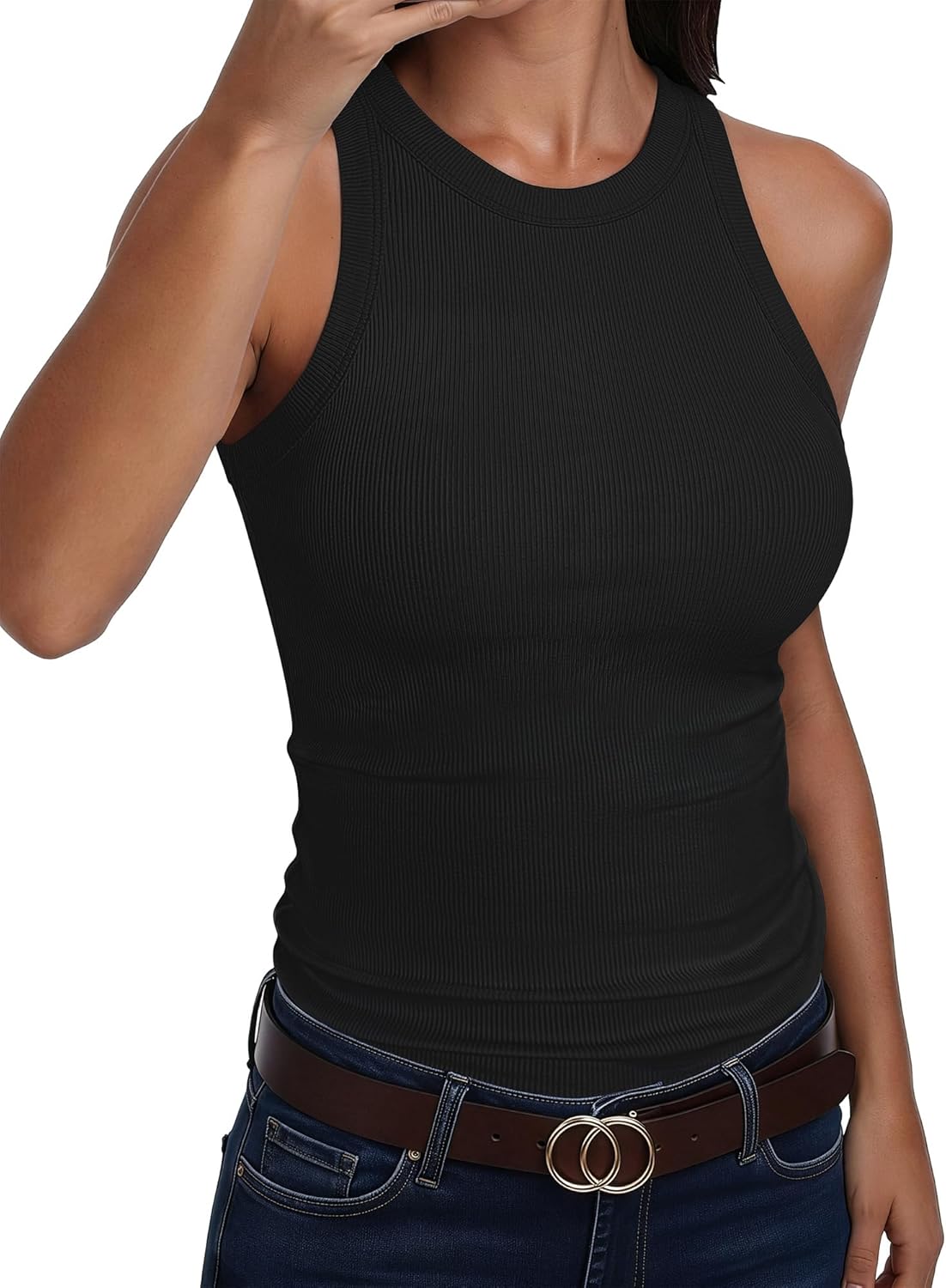 ANRABESS Sleeveless Tank Top - High Neck Racerback Ribbed Knit for Summer | Casual Slim Fit Workout Shirt