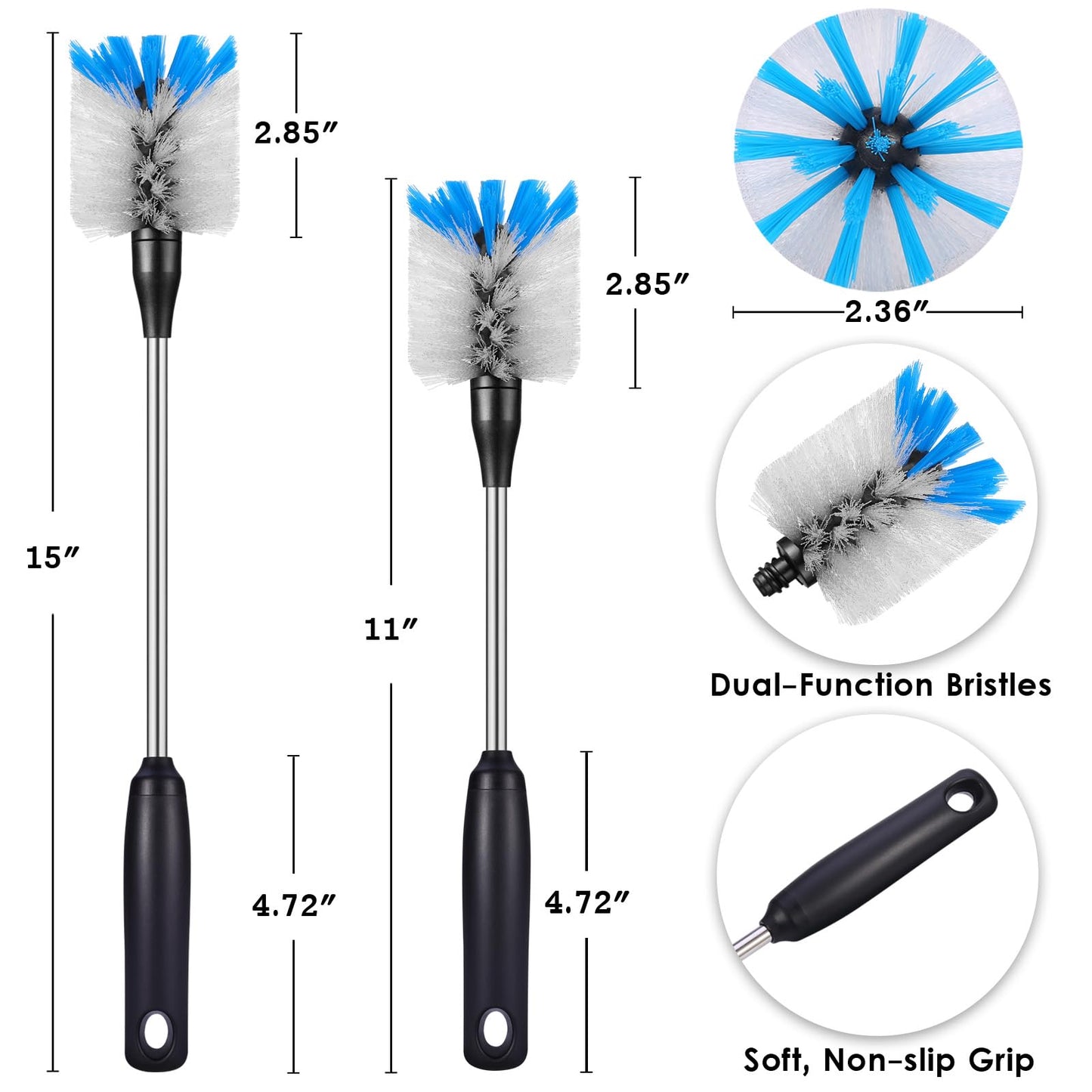MOSOLAN Stainless Steel Bottle Brush with Replaceable Head, 13 in - 15 in