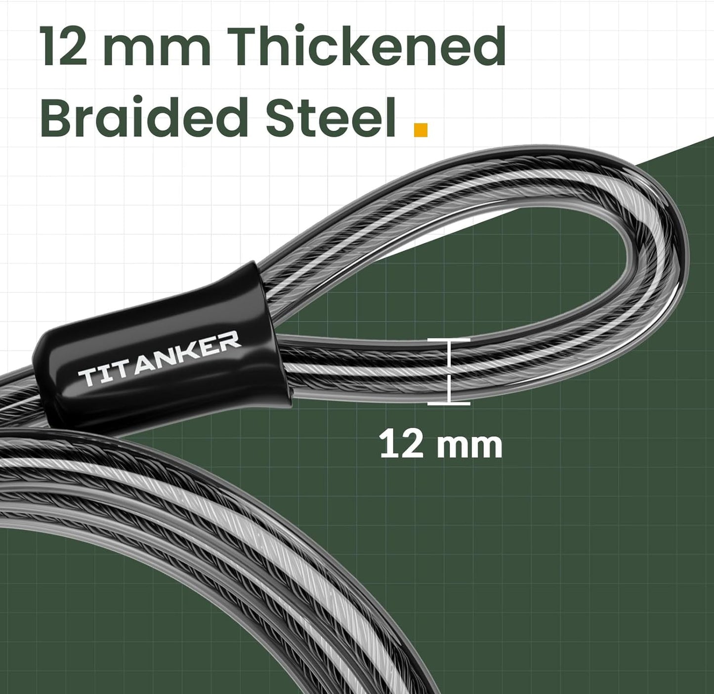 Titanker Bike Lock Cable - Heavy Duty 12mm Thick Steel Security Chain | Vinyl Coated, Multiple Lengths Available (4ft, 7ft, 15ft, 30ft)
