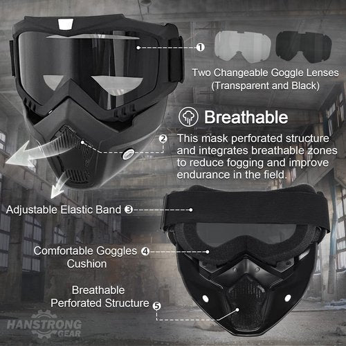 Airsoft Helmet and Mask Tactical Paintball Black PJ Type Fast Helmet with Detachable Adjustable Goggles Airsoft Full Face Masks Protection Military Tactical Gear
