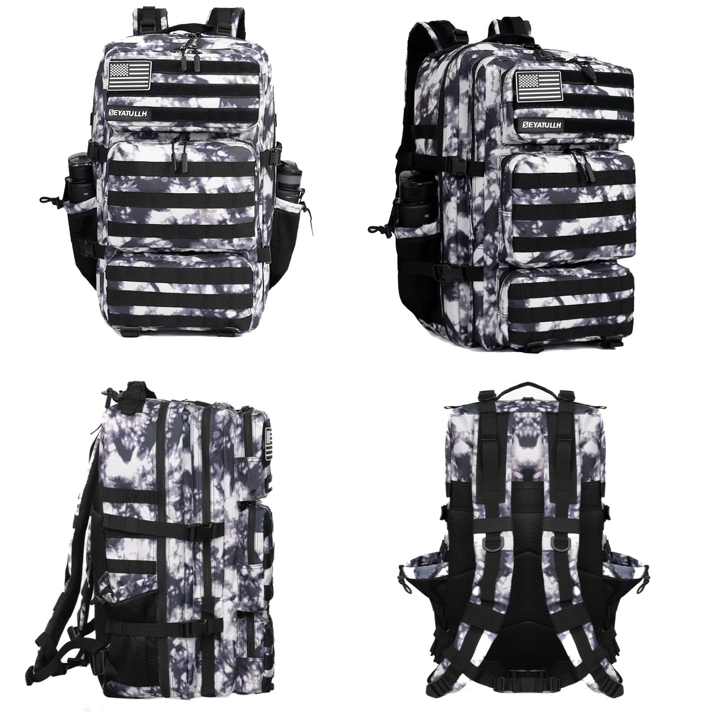 SEYATULLH Military Tactical Backpack 55L for Men & Women Bug Out Bag Assault pack Molle Daypack Hiking Trekking Rucksack (Black and white tie dye)
