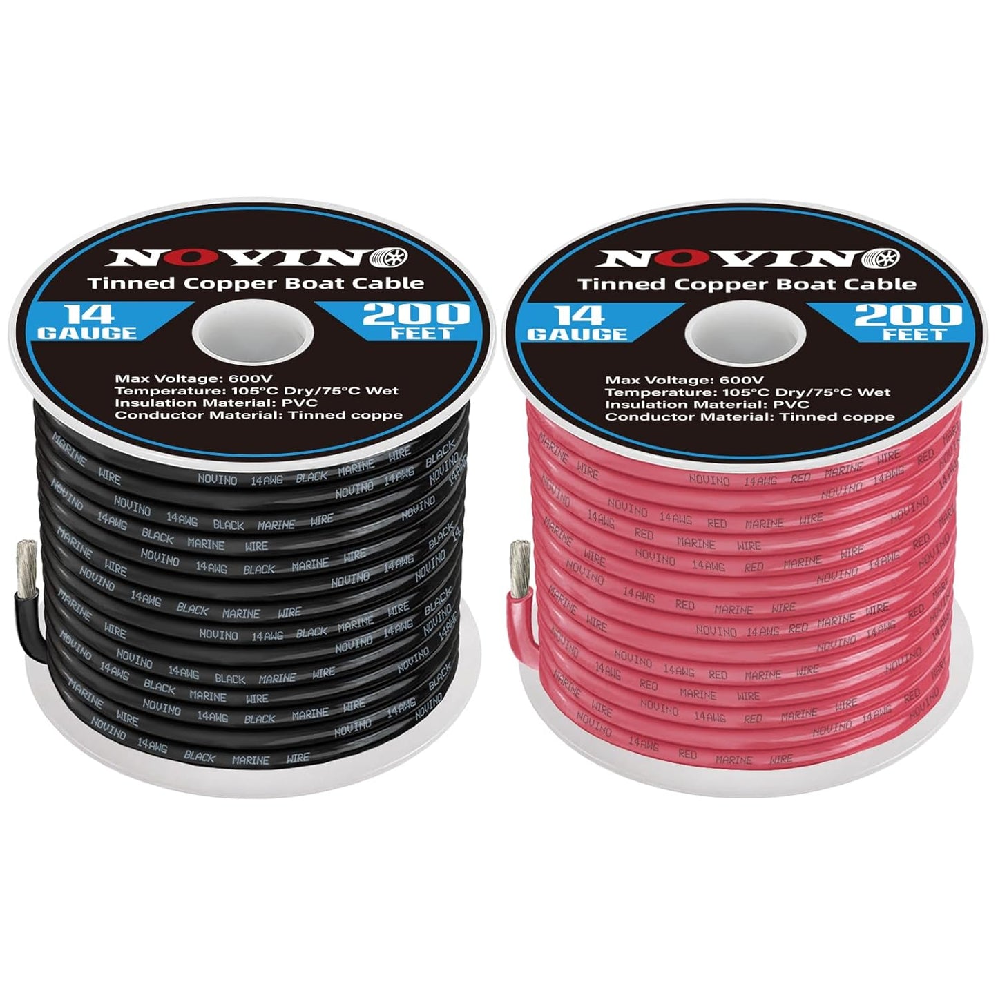 **14 Gauge Marine Wire | 200FT Red & 200FT Black Tinned Copper Boat Cable for Automotive & RV Use**