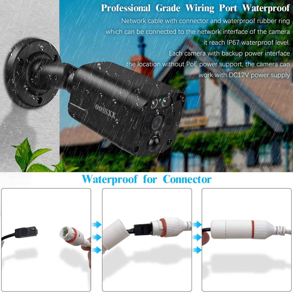 OOSSXX Black 4K IP 8MP PIR POE Extend Camera Outdoor Indoor Video Surveillance Security Waterproof Wired POE Camera