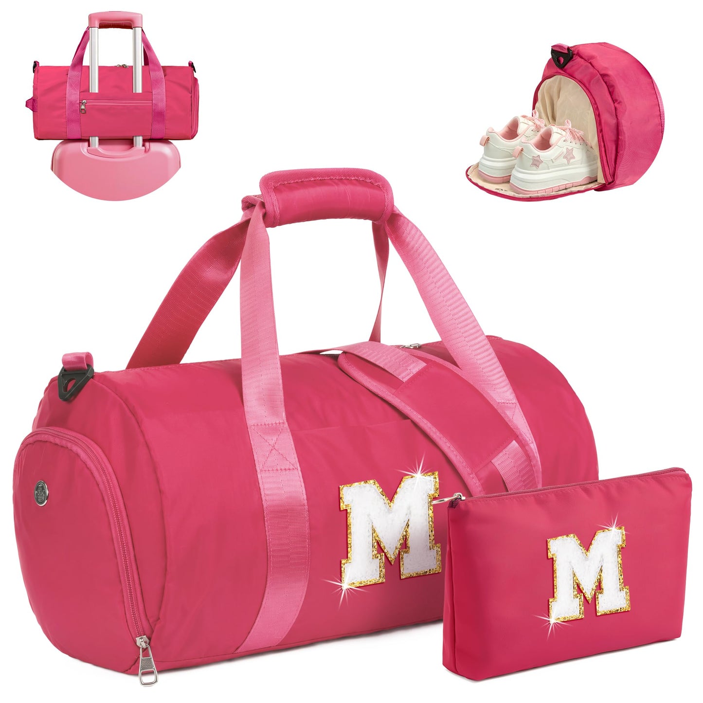 Vogewood Gifts for Grandkids, Girls Travel Duffle Bag with Makeup Pouch, Initial Kids Overnight Weekend Bag with Shoe Compartment, Teen Girl Gift Trendy Stuff (Letter M)