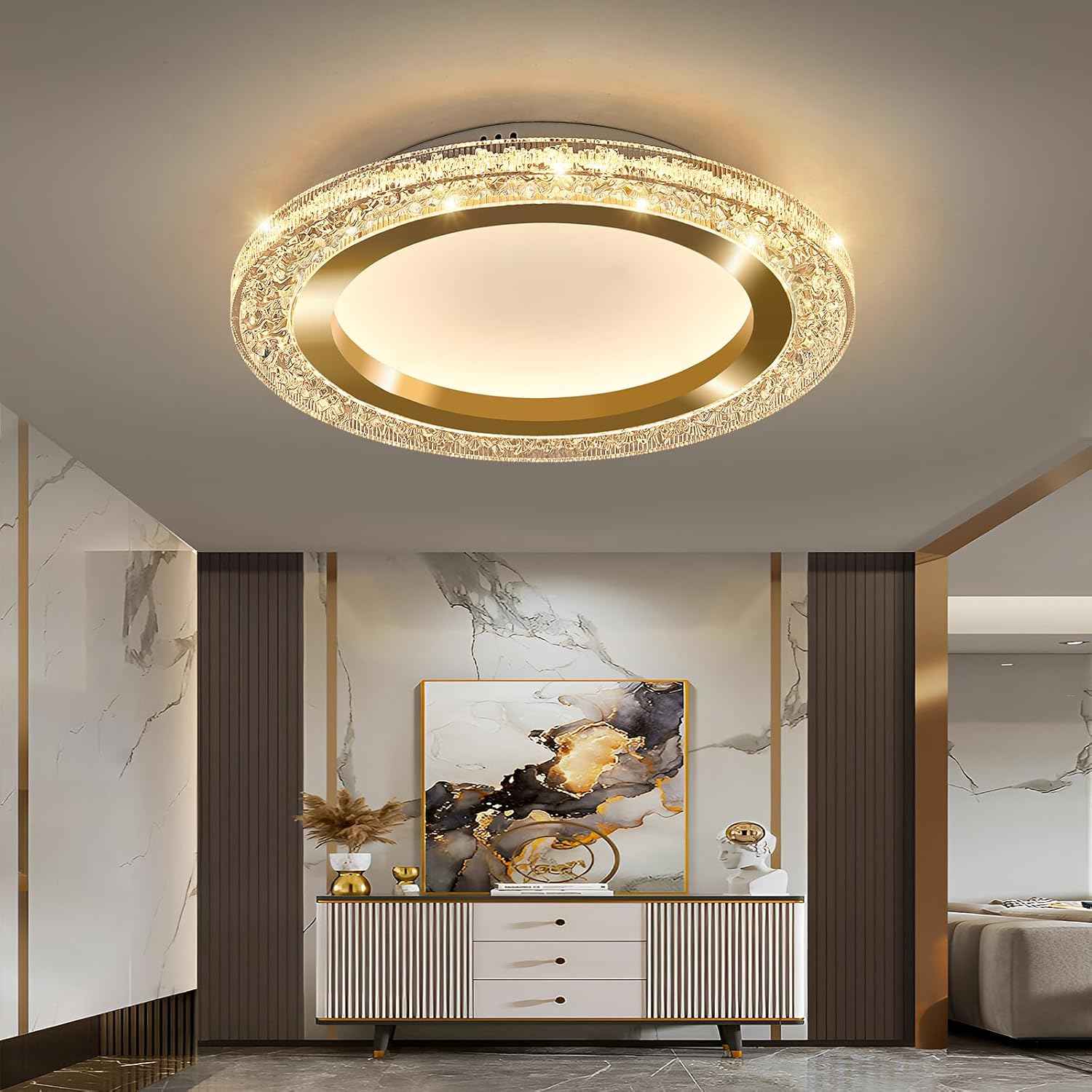 28W Gold LED Flush Mount Ceiling Light - 12" Modern Round Fixture for Bedroom, Kitchen, Bathroom