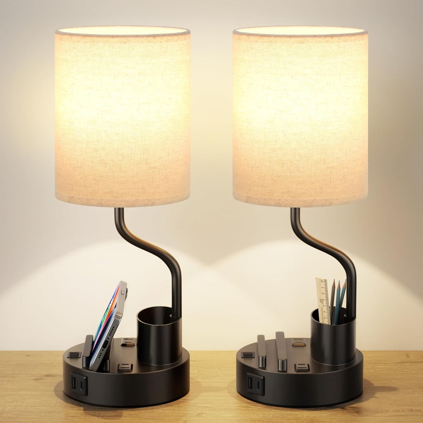 Set of 2 Bedside Table Lamps with USB & AC Outlet - 3 Color Temperatures, Desk Light & Phone Stand for Bedroom, Living Room, Office