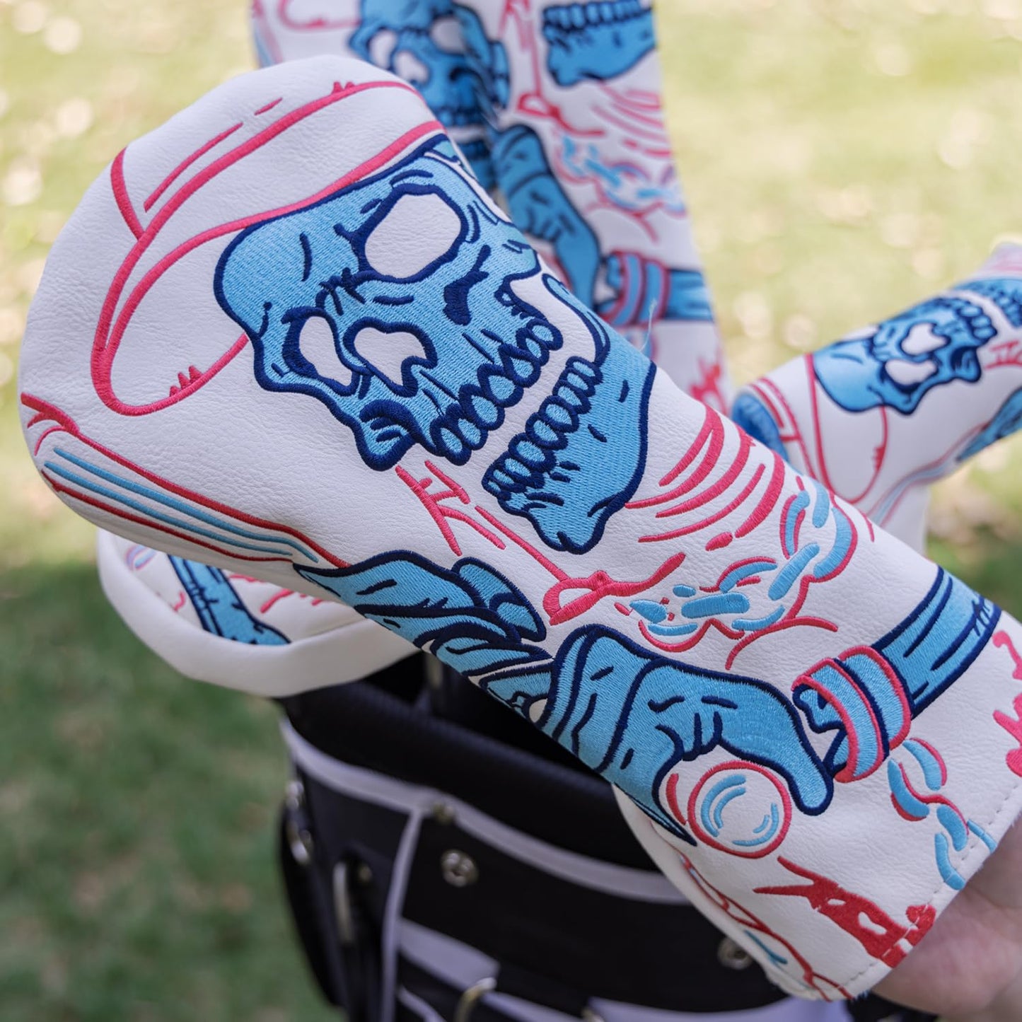 Golf Club Head Covers,1pc Skull Skeleton Driver Golf Headcovers for Woods, PU Leather with Advanced Embroidery for Most Brands-White