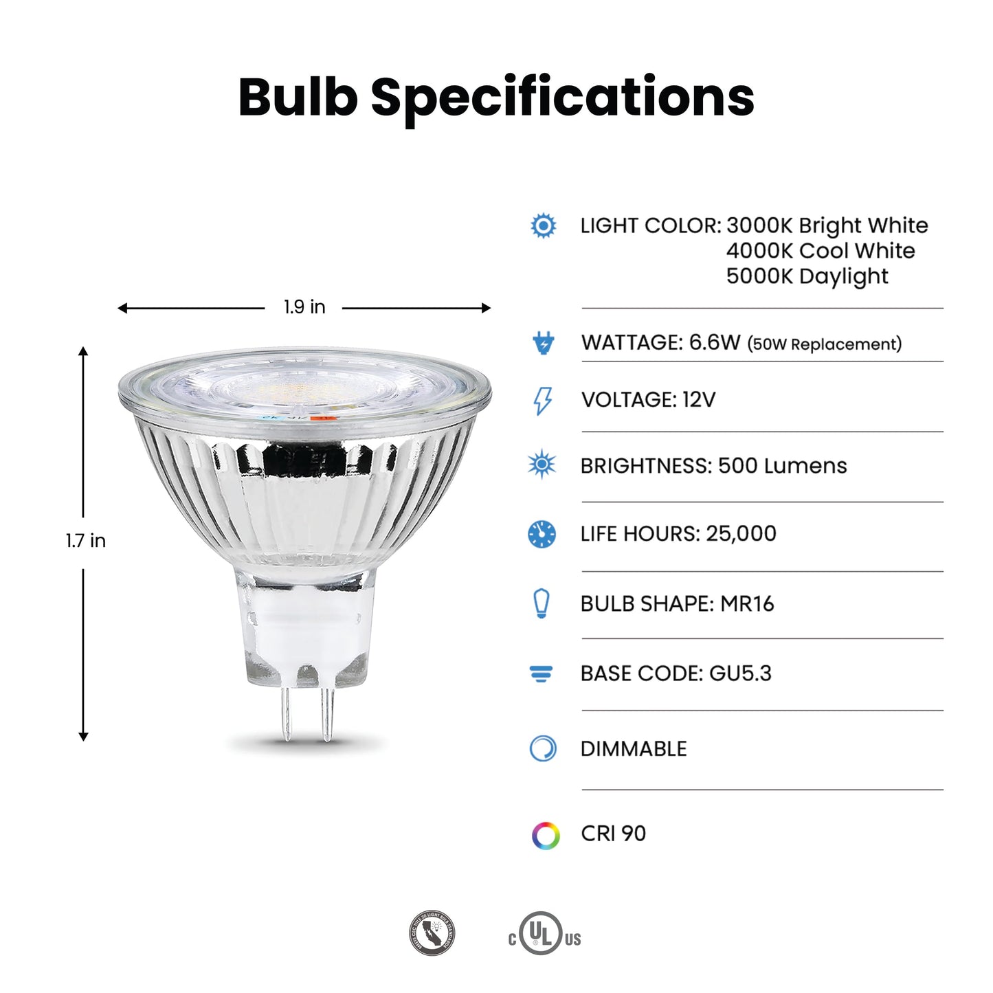 Feit Electric MR16 LED Reflector Light Bulb, 50W Equivalent, Dimmable, GU5.3 Base, 90+ CRI, 500 Lumen, Adjustable Color Track Lighting, 25,000-Hour Lifespan, BPEXN/3CCTCA/3/6, 18-Pack