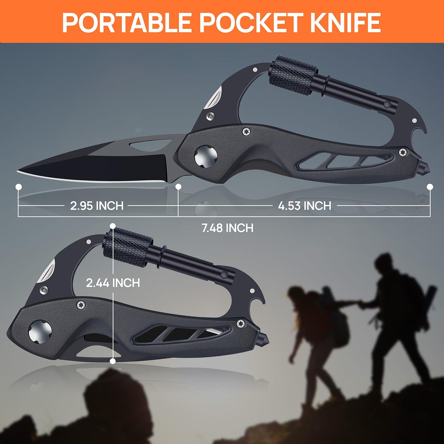 Multitool Carabiner with Pocket Knife, Gift for Men Him Dad Husband, 6-in-1 Multitool with EDC Carabiner Keychain,Bottle Opener,Window Breaker & Screwdriver,Cool Gadgets for Outdoor,Repair (Black)