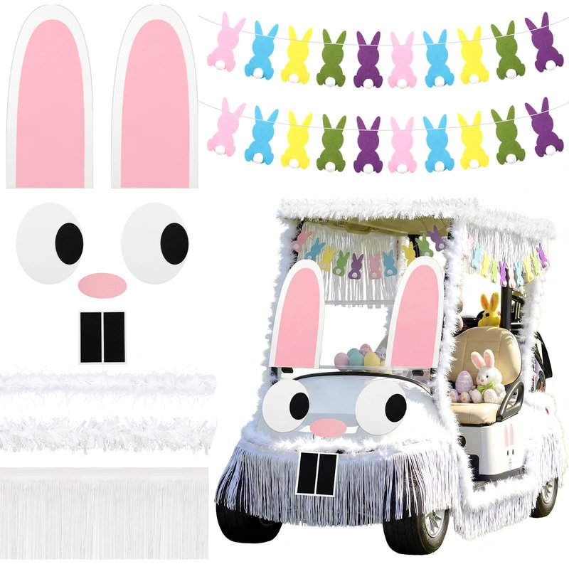 Moucuny 12 Pcs Easter Bunny Golf Cart Decoration Kit 1 Set Giant Felt Rabbit Model 3 Silver Thread Felt Strip 2 Curved Rain Curtain 2 White Felts Strip 2 Easter Bunny Banners for Golf Cart Accessories
