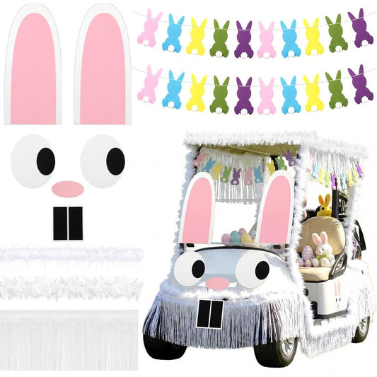 Moucuny 12 Pcs Easter Bunny Golf Cart Decoration Kit 1 Set Giant Felt Rabbit Model 3 Silver Thread Felt Strip 2 Curved Rain Curtain 2 White Felts Strip 2 Easter Bunny Banners for Golf Cart Accessories