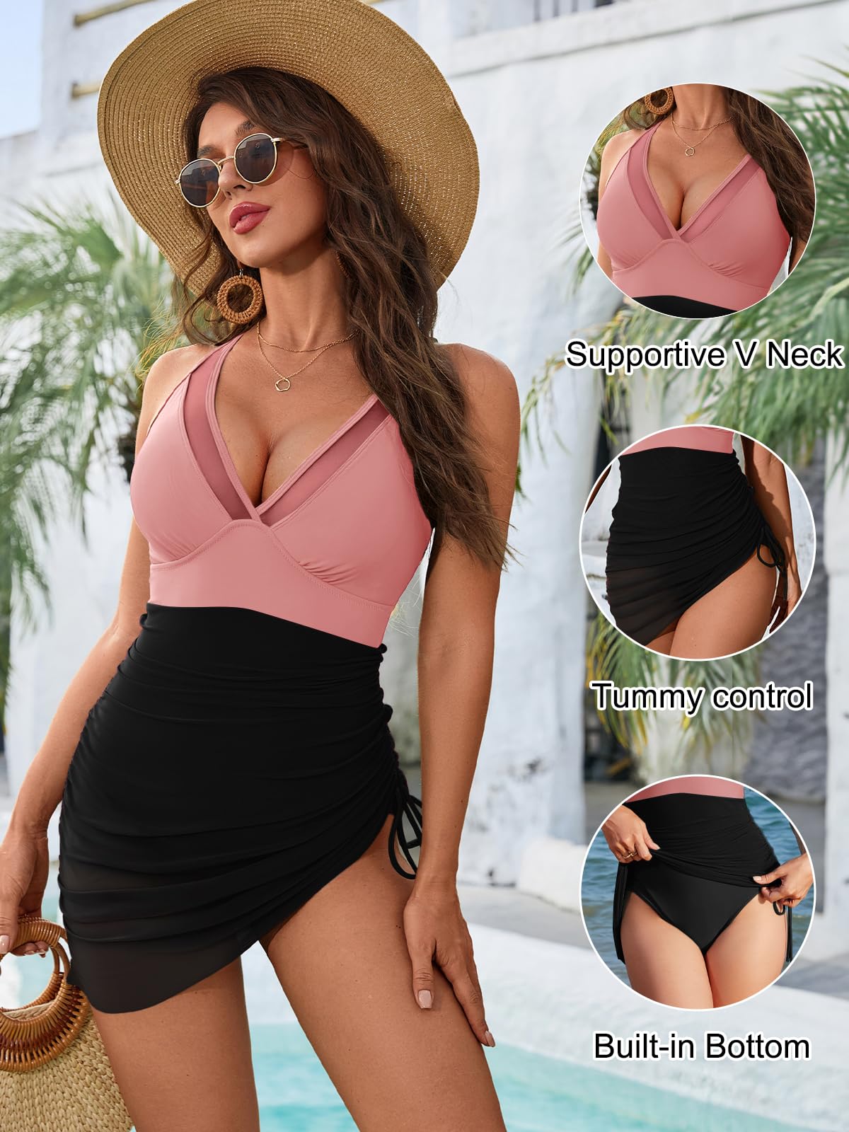 Blooming Jelly Women One Piece Swim Dress Tummy Control Swimsuits Modest Slimming Drawstring Swimwear (XXL, Light Pink/Black)