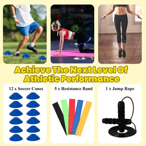 Kevirice Agility Ladder, Agility Training Equipment Set, 20ft 12 Rung Agility Ladder, 4 Agility Hurdles, Running Parachute, Jump Rope, 5 Resistance Bands, 12 Resistance Cones for Athletes, Adult(Blue)