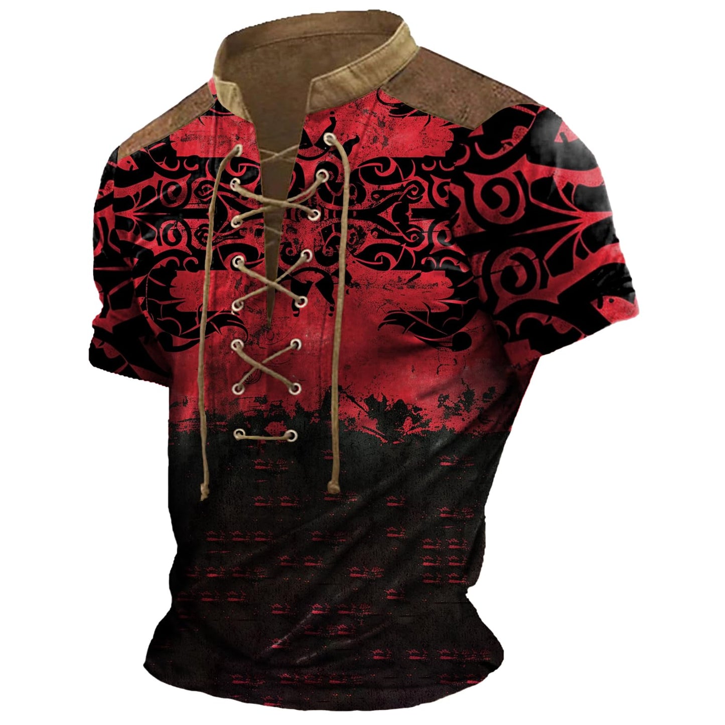 Tactical Polo Shirts for Men Totem Print Short Sleeve Lace Up Cotton Crewneck Stylish Pullover 2025 Summer Big and Tall Distressed Tshirts Slim Cool Breathable Lightweight Outdoor Running Shirt,3XL