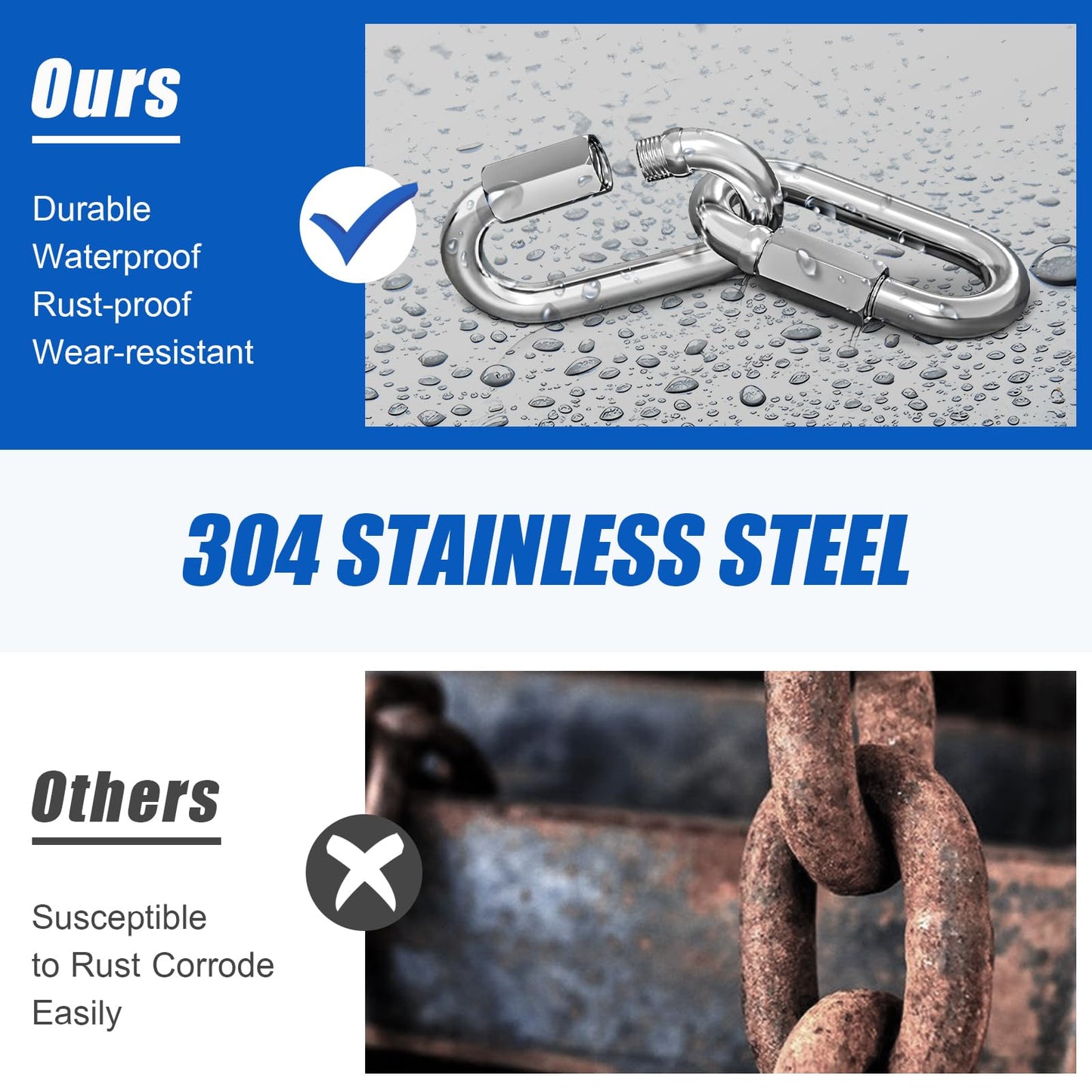 KINLINK 10PCS M5 3/16 Quick Link Chain Connector, 304 Stainless Steel Carabiner, Small Locking Carabiner Clips Heavy Duty Chain Link Connector for Connecting Hammock，Swing, Shade Sail-Capacity 650LB