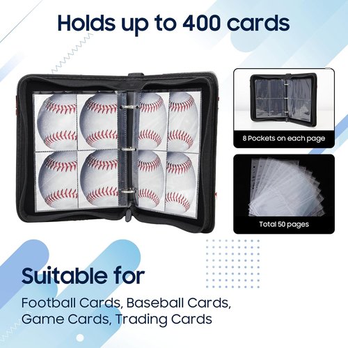 Baseball Card Binder - 4 Pocket Trading Card Holder with 400 Pockets & 50 Removable Sleeves | Portable Collectible Album for Kids