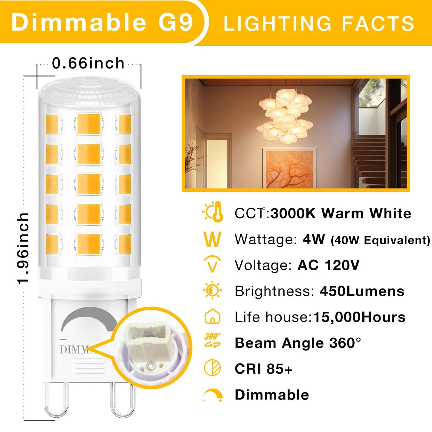 DAYBETTER 12 Pack Dimmable G9 LED Bulb 4W (40 Watt Equivalent), 3000K Soft Warm White, G9 Halogen Bulb T4 G9 Bi-pin Base Light Bulbs for Chandelier,120V 450LM 360 Beam Angle No-Flicker G9 Bulb